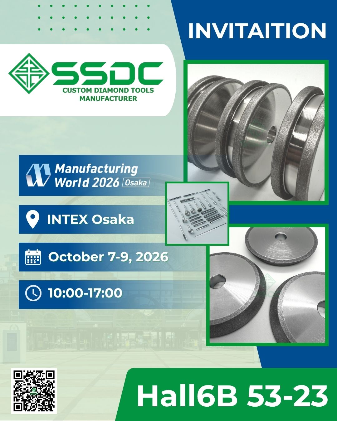 SSDC exhibiting Diamond and CBN grinding tools at Manufacturing World Osaka 2026, Hall 6B Booth 53-23 at INTEX Osaka
